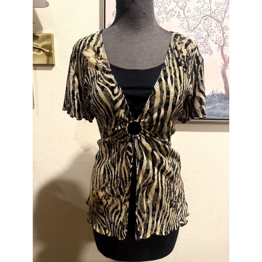 Y2K Notations Womens XL Animal Print Plisse Top O-Ring Layered Short Sleeve Tan